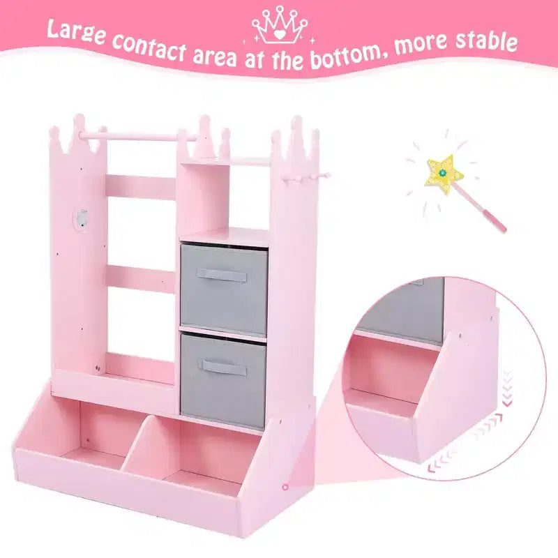 Kids Dress Up Wardrobe with Light and Mirror  Wooden Armoire Closet  Open Hanging Clothing Rack, Storage Bins for Girls Bedroom or Playroom