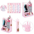 Kids Dress Up Wardrobe with Light and Mirror  Wooden Armoire Closet  Open Hanging Clothing Rack, Storage Bins for Girls Bedroom or Playroom