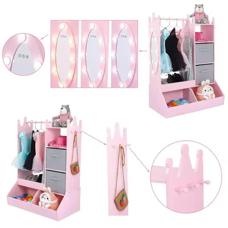 Kids Dress Up Wardrobe with Light and Mirror  Wooden Armoire Closet  Open Hanging Clothing Rack, Storage Bins for Girls Bedroom or Playroom