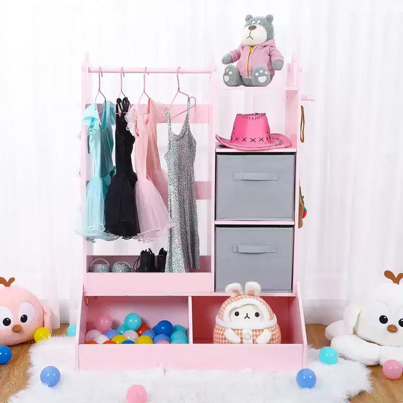 Kids Dress Up Wardrobe with Light and Mirror  Wooden Armoire Closet  Open Hanging Clothing Rack, Storage Bins for Girls Bedroom or Playroom