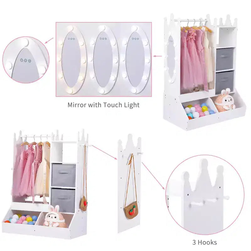 Kids Dress Up Wardrobe with Light and Mirror  Wooden Armoire Closet  Open Hanging Clothing Rack, Storage Bins for Girls Bedroom or Playroom