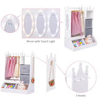 Kids Dress Up Wardrobe with Light and Mirror  Wooden Armoire Closet  Open Hanging Clothing Rack, Storage Bins for Girls Bedroom or Playroom