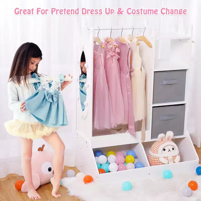 Kids Dress Up Wardrobe with Light and Mirror  Wooden Armoire Closet  Open Hanging Clothing Rack, Storage Bins for Girls Bedroom or Playroom