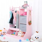 Kids Dress Up Wardrobe with Light and Mirror  Wooden Armoire Closet  Open Hanging Clothing Rack, Storage Bins for Girls Bedroom or Playroom