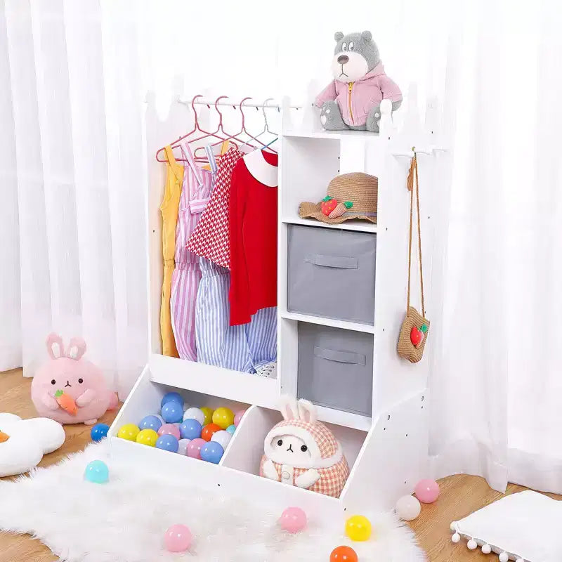 Kids Dress Up Wardrobe with Light and Mirror  Wooden Armoire Closet  Open Hanging Clothing Rack, Storage Bins for Girls Bedroom or Playroom