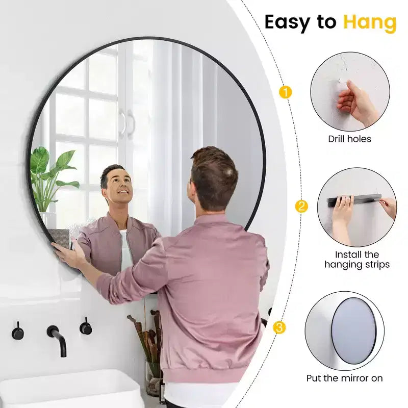 Metal Framed Bathroom Mirror  Rounded Rectangle, Matte Black, Farmhouse Vanity Mirror, Anti-Rust, Hangs Horizontally or Vertically