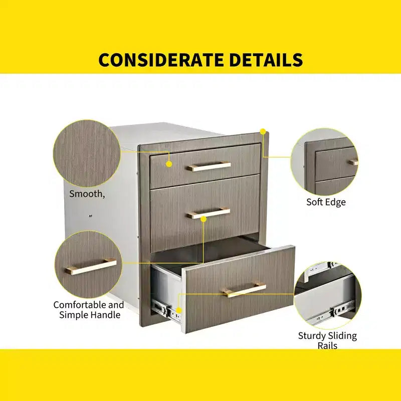 Triple Stainless Steel Outdoor Kitchen Drawer Cabinet  Durable Flush Mount Storage with Handles  Weatherproof for Patio BBQ Island Grill