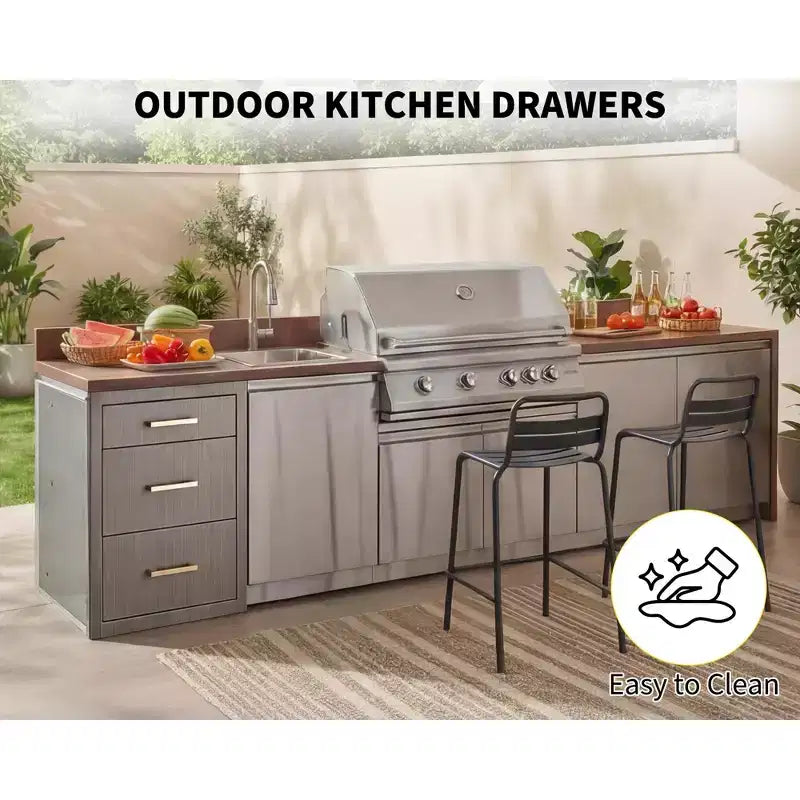 Triple Stainless Steel Outdoor Kitchen Drawer Cabinet  Durable Flush Mount Storage with Handles  Weatherproof for Patio BBQ Island Grill