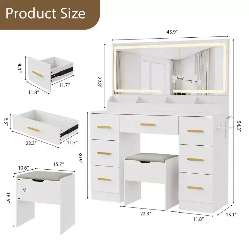 45.9 Vanity Desk with Lighted Mirror, Charging Station and 7 Drawers, Makeup Vanity Table with Storage Stool