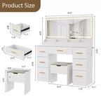 45.9 Vanity Desk with Lighted Mirror, Charging Station and 7 Drawers, Makeup Vanity Table with Storage Stool