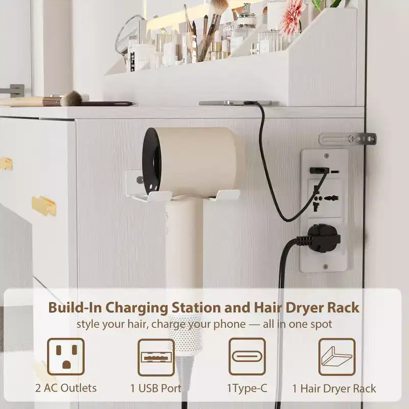 45.9 Vanity Desk with Lighted Mirror, Charging Station and 7 Drawers, Makeup Vanity Table with Storage Stool