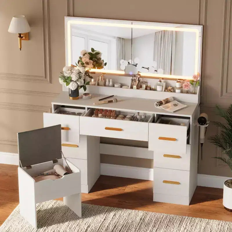 45.9 Vanity Desk with Lighted Mirror, Charging Station and 7 Drawers, Makeup Vanity Table with Storage Stool