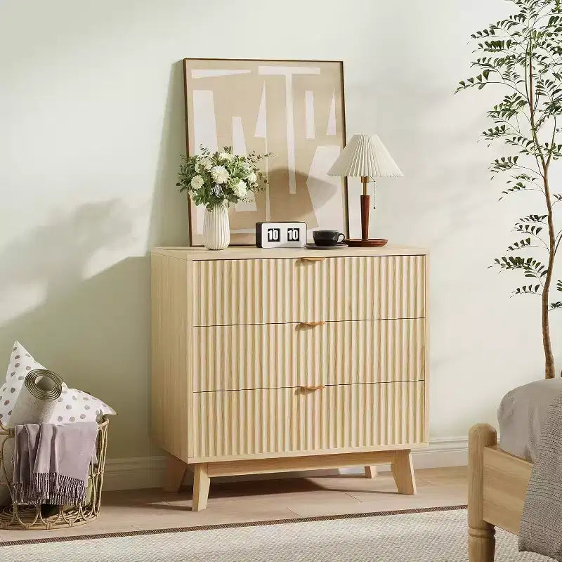 3 Drawer Dresser 2pcs, Mid Century Modern Dresser Drawers, Waveform Fluted Side Table, Wood Drawer Organizer for Bedroom Living Room, Hallway