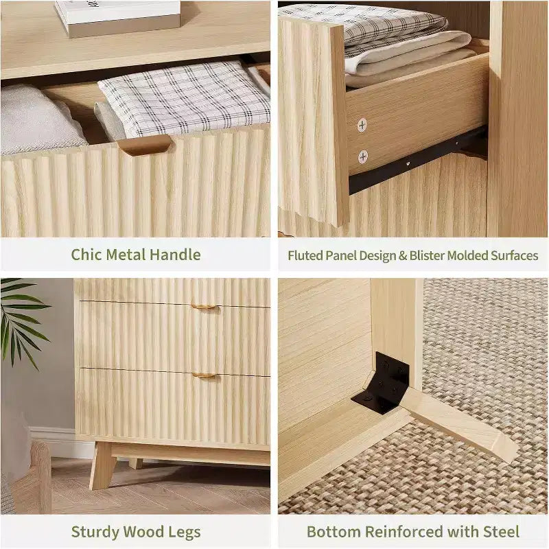 3 Drawer Dresser 2pcs, Mid Century Modern Dresser Drawers, Waveform Fluted Side Table, Wood Drawer Organizer for Bedroom Living Room, Hallway