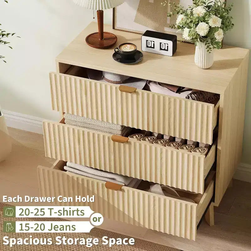 3 Drawer Dresser 2pcs, Mid Century Modern Dresser Drawers, Waveform Fluted Side Table, Wood Drawer Organizer for Bedroom Living Room, Hallway