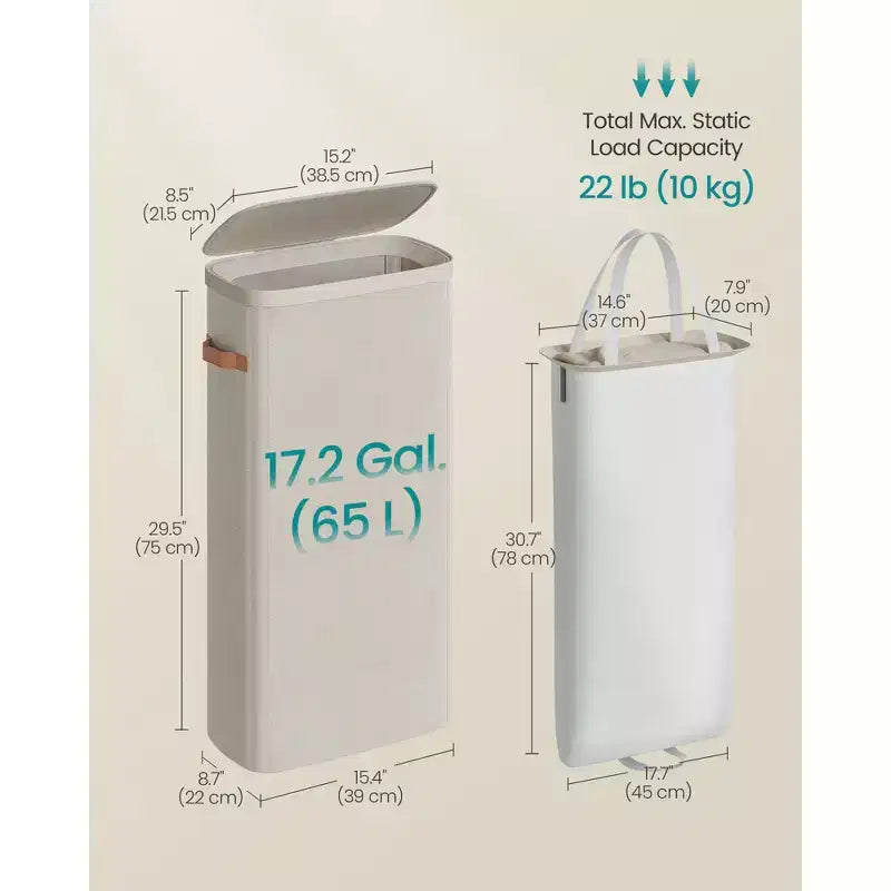 Laundry Basket, 17.2 Gal. Laundry Hamper, Easy Assembly, with Lid and Handles, Removable Liner, 15.4 x 8.7 x 29.5 Inches, Cappuccino Beige