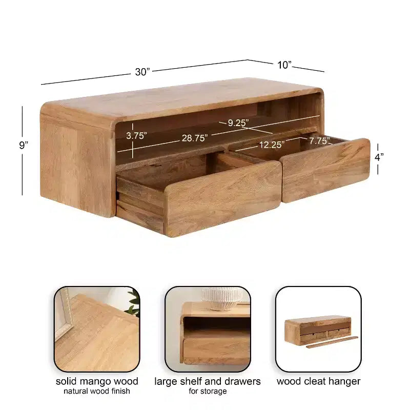 Wood Floating Console Table, Natural, 30x10x9