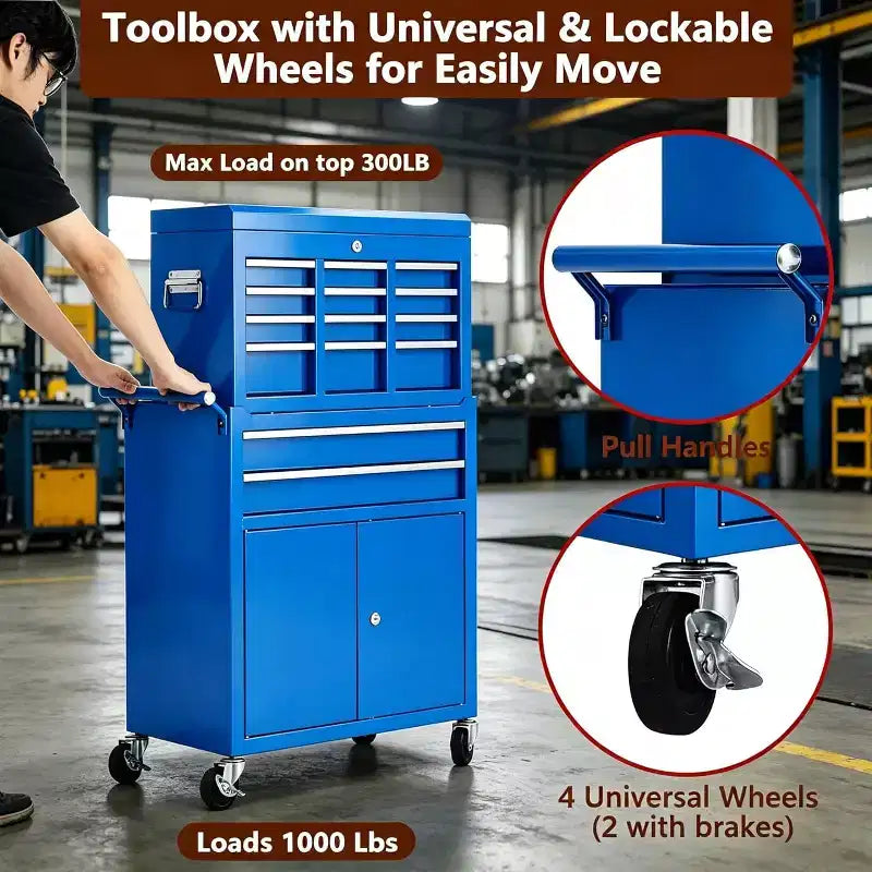 Heavy Duty 8 Drawer Tool Chest,Rolling Tool Box Cabinet,2-in-1 Detachable Metal Tool Storage Organizer,Lockable Steel Tool Cart with Portable Top Box