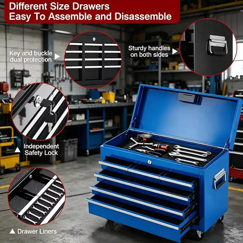 Heavy Duty 8 Drawer Tool Chest,Rolling Tool Box Cabinet,2-in-1 Detachable Metal Tool Storage Organizer,Lockable Steel Tool Cart with Portable Top Box
