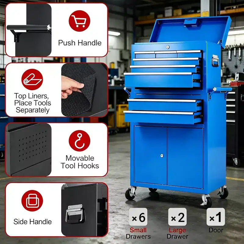 Heavy Duty 8 Drawer Tool Chest,Rolling Tool Box Cabinet,2-in-1 Detachable Metal Tool Storage Organizer,Lockable Steel Tool Cart with Portable Top Box