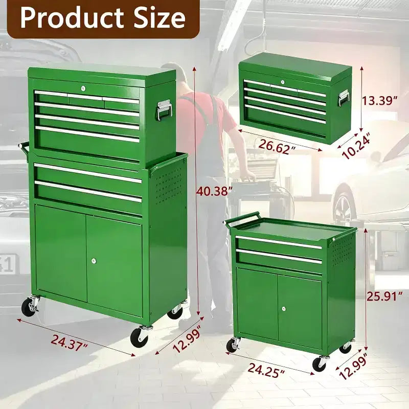 Heavy Duty 8 Drawer Tool Chest,Rolling Tool Box Cabinet,2-in-1 Detachable Metal Tool Storage Organizer,Lockable Steel Tool Cart with Portable Top Box