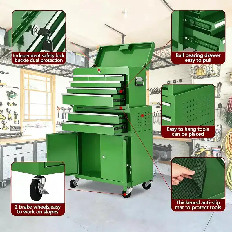 Heavy Duty 8 Drawer Tool Chest,Rolling Tool Box Cabinet,2-in-1 Detachable Metal Tool Storage Organizer,Lockable Steel Tool Cart with Portable Top Box