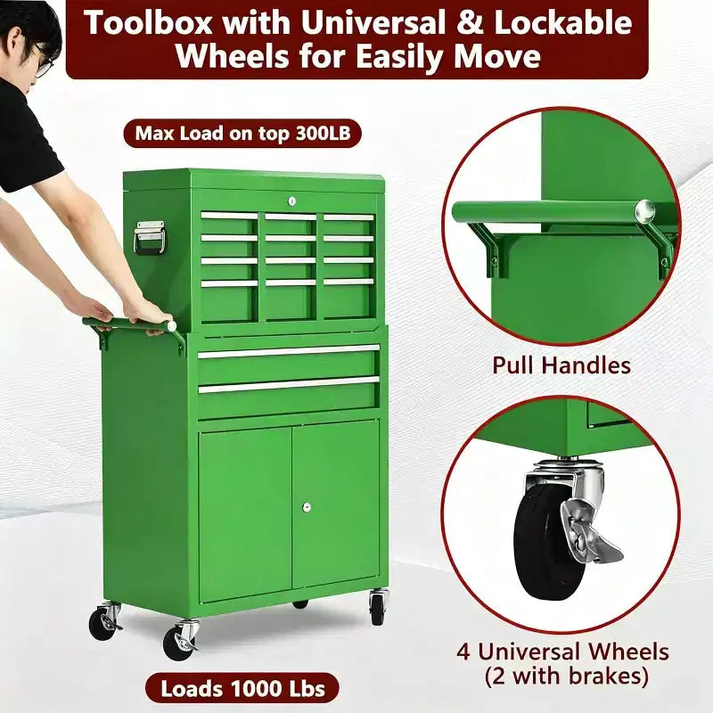 Heavy Duty 8 Drawer Tool Chest,Rolling Tool Box Cabinet,2-in-1 Detachable Metal Tool Storage Organizer,Lockable Steel Tool Cart with Portable Top Box