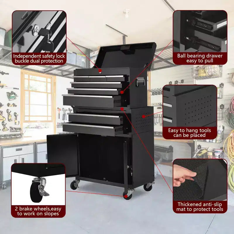 Heavy Duty 8 Drawer Tool Chest,Rolling Tool Box Cabinet,2-in-1 Detachable Metal Tool Storage Organizer,Lockable Steel Tool Cart with Portable Top Box