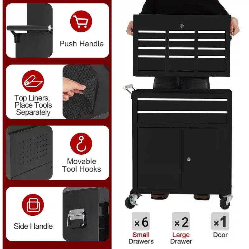 Heavy Duty 8 Drawer Tool Chest,Rolling Tool Box Cabinet,2-in-1 Detachable Metal Tool Storage Organizer,Lockable Steel Tool Cart with Portable Top Box