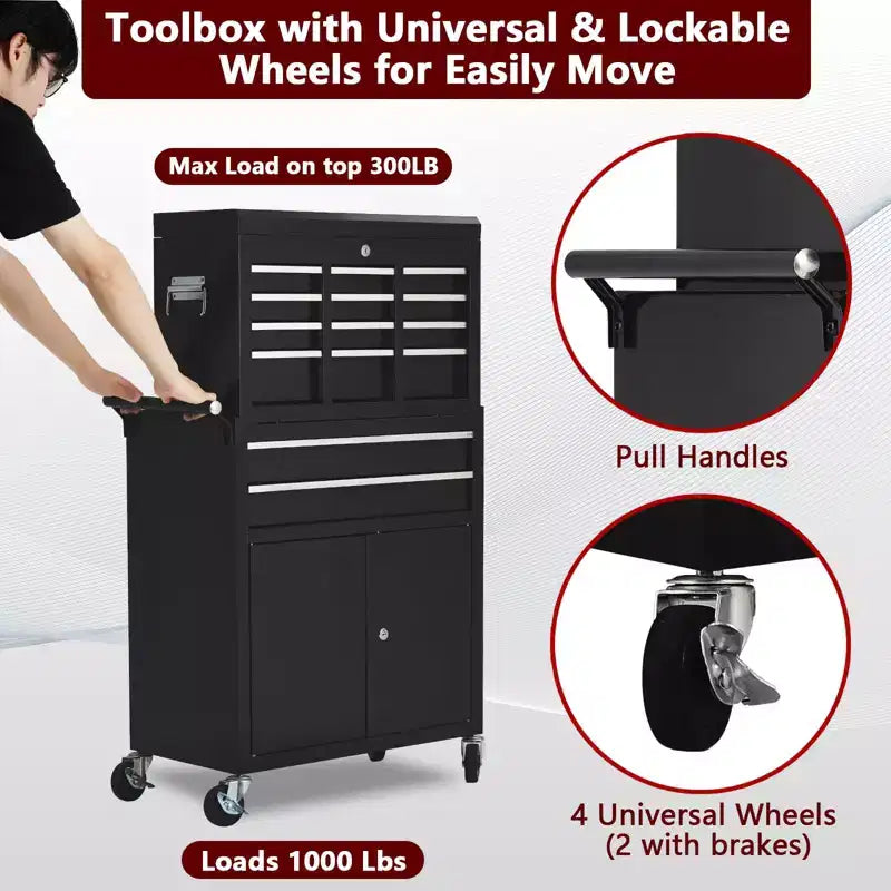 Heavy Duty 8 Drawer Tool Chest,Rolling Tool Box Cabinet,2-in-1 Detachable Metal Tool Storage Organizer,Lockable Steel Tool Cart with Portable Top Box