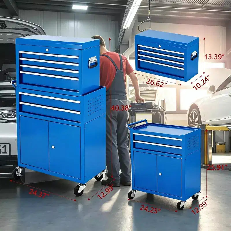 Heavy Duty 8 Drawer Tool Chest,Rolling Tool Box Cabinet,2-in-1 Detachable Metal Tool Storage Organizer,Lockable Steel Tool Cart with Portable Top Box