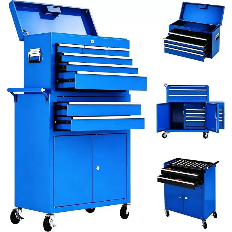 Heavy Duty 8 Drawer Tool Chest,Rolling Tool Box Cabinet,2-in-1 Detachable Metal Tool Storage Organizer,Lockable Steel Tool Cart with Portable Top Box