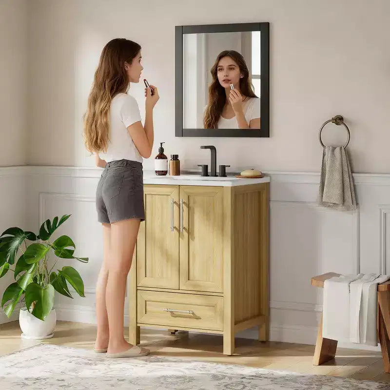 Modern Freestanding Bathroom Vanity with Ceramic Single Basin - Easy Assembly Storage Cabinet with Soft-Close Doors and Drawer