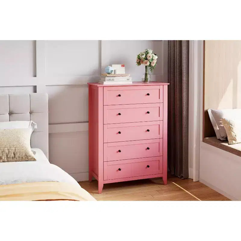 5 Drawer Dresser for Bedroom, Tall Wooden Chest of Drawers with Deep Storage & Metal Knobs, Modern Entryway Organizer