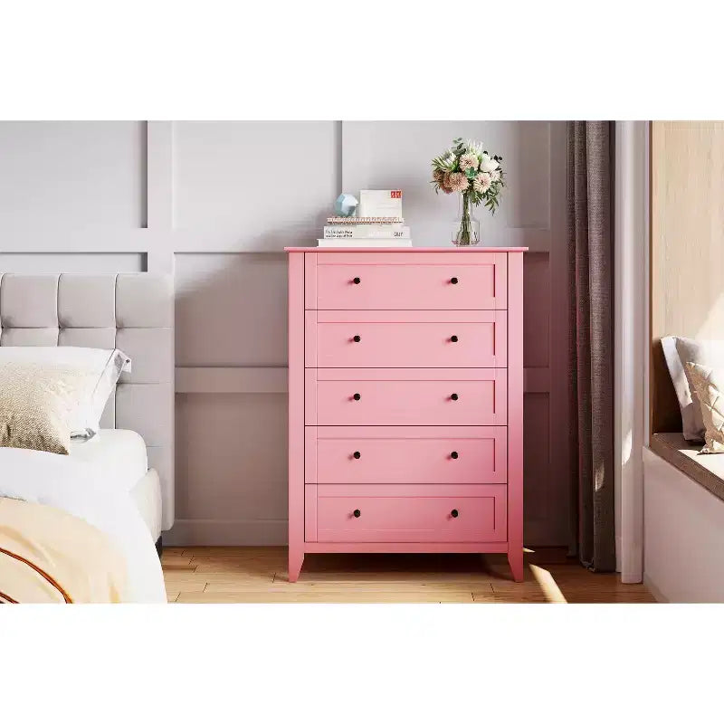 5 Drawer Dresser for Bedroom, Tall Wooden Chest of Drawers with Deep Storage & Metal Knobs, Modern Entryway Organizer