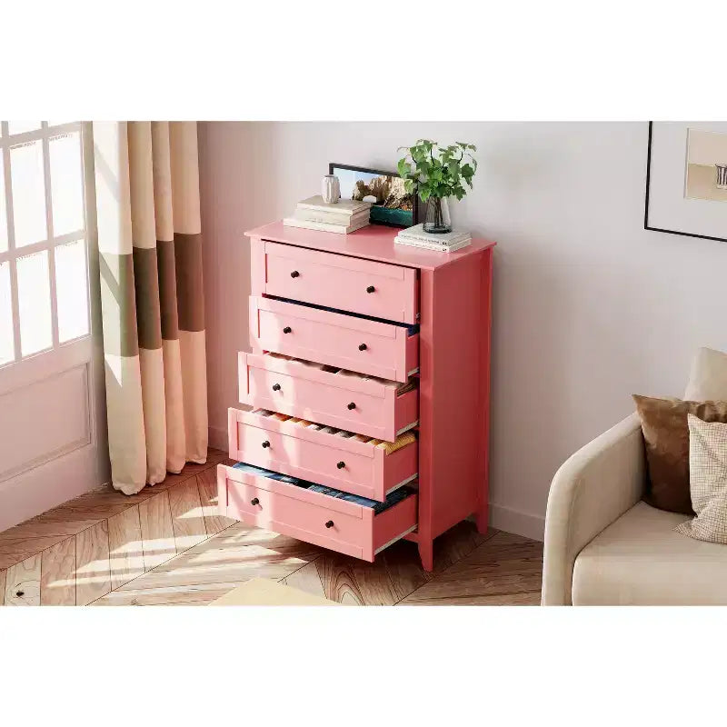 5 Drawer Dresser for Bedroom, Tall Wooden Chest of Drawers with Deep Storage & Metal Knobs, Modern Entryway Organizer