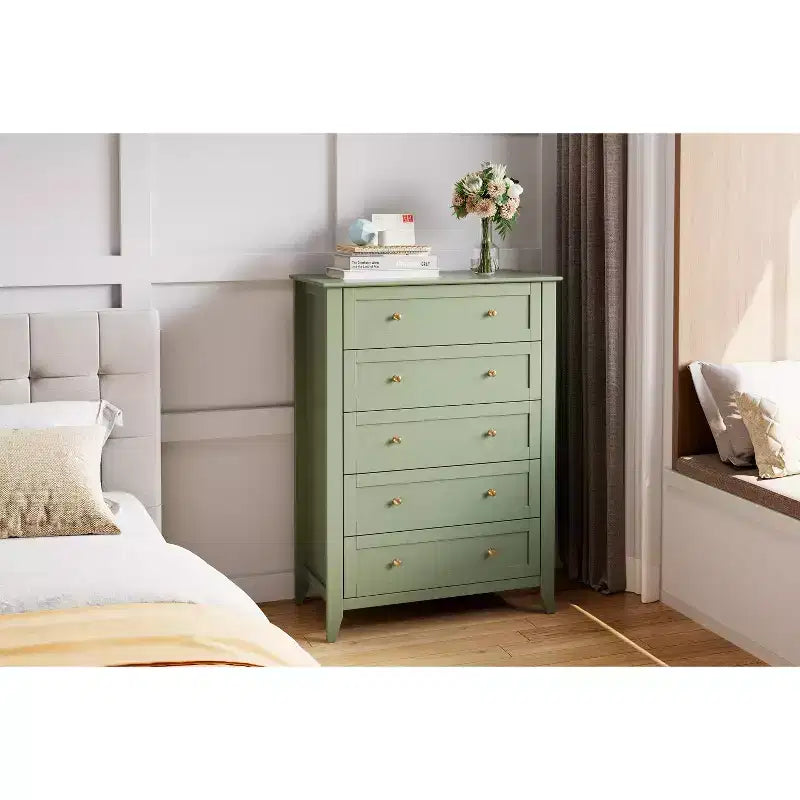 5 Drawer Dresser for Bedroom, Tall Wooden Chest of Drawers with Deep Storage & Metal Knobs, Modern Entryway Organizer