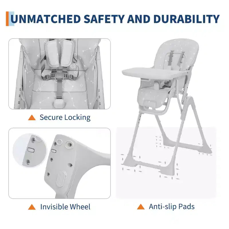 42.5 Adjustable Baby High Chair for Toddlers, Multi-Level Height & Backrest Adjustment, Removable Tray and Fast Folding for Space-Saving Storage