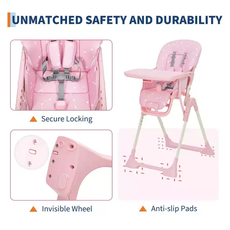 42.5 Adjustable Baby High Chair for Toddlers, Multi-Level Height & Backrest Adjustment, Removable Tray and Fast Folding for Space-Saving Storage