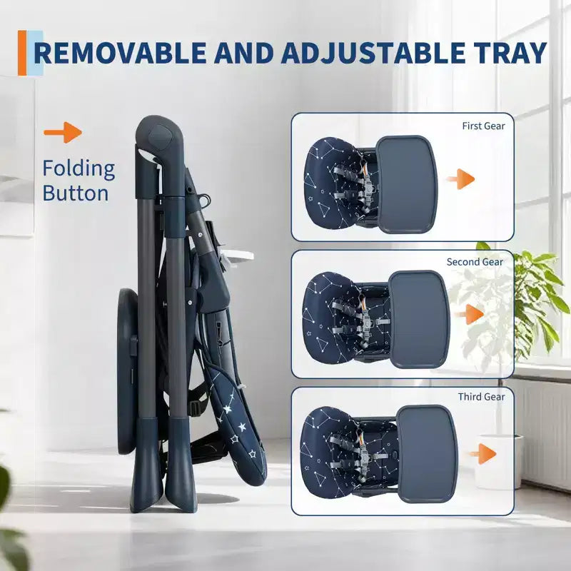 42.5 Adjustable Baby High Chair for Toddlers, Multi-Level Height & Backrest Adjustment, Removable Tray and Fast Folding for Space-Saving Storage