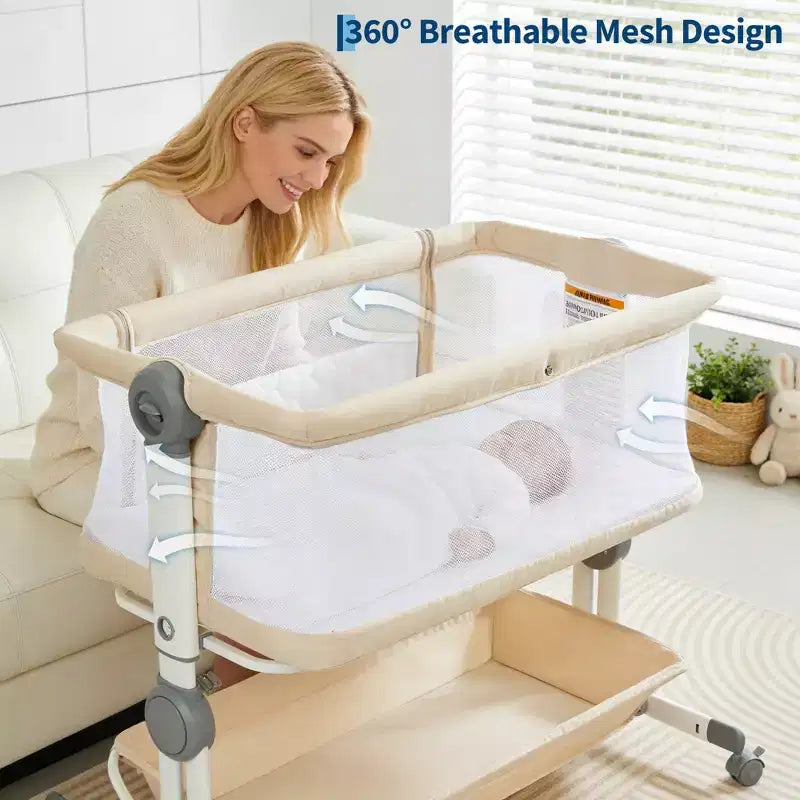 3-in-1 Baby Bassinet Bedside Sleeper w/ Anti-Reflux Incline, Portable Crib w/ 6 Adjustable Heights, Wheels, Mesh & Storage Basket for Newborn