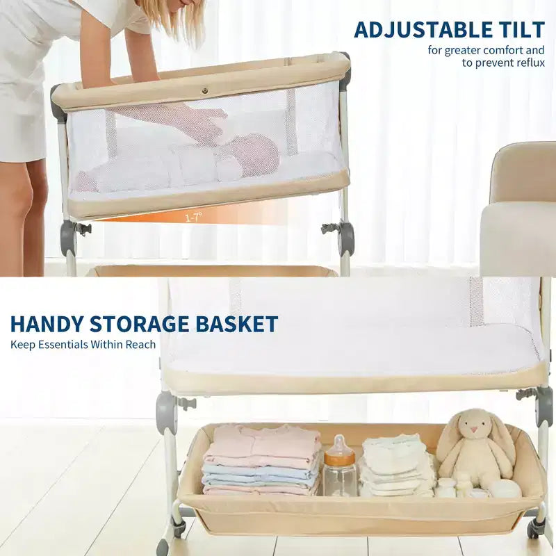 3-in-1 Baby Bassinet Bedside Sleeper w/ Anti-Reflux Incline, Portable Crib w/ 6 Adjustable Heights, Wheels, Mesh & Storage Basket for Newborn