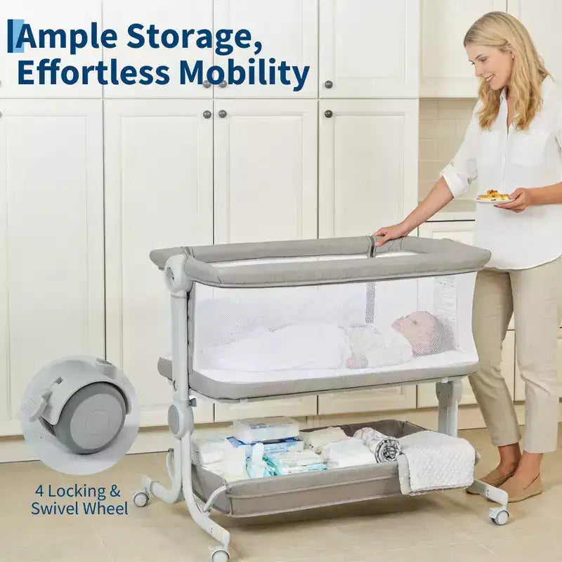3-in-1 Baby Bassinet Bedside Sleeper w/ Anti-Reflux Incline, Portable Crib w/ 6 Adjustable Heights, Wheels, Mesh & Storage Basket for Newborn