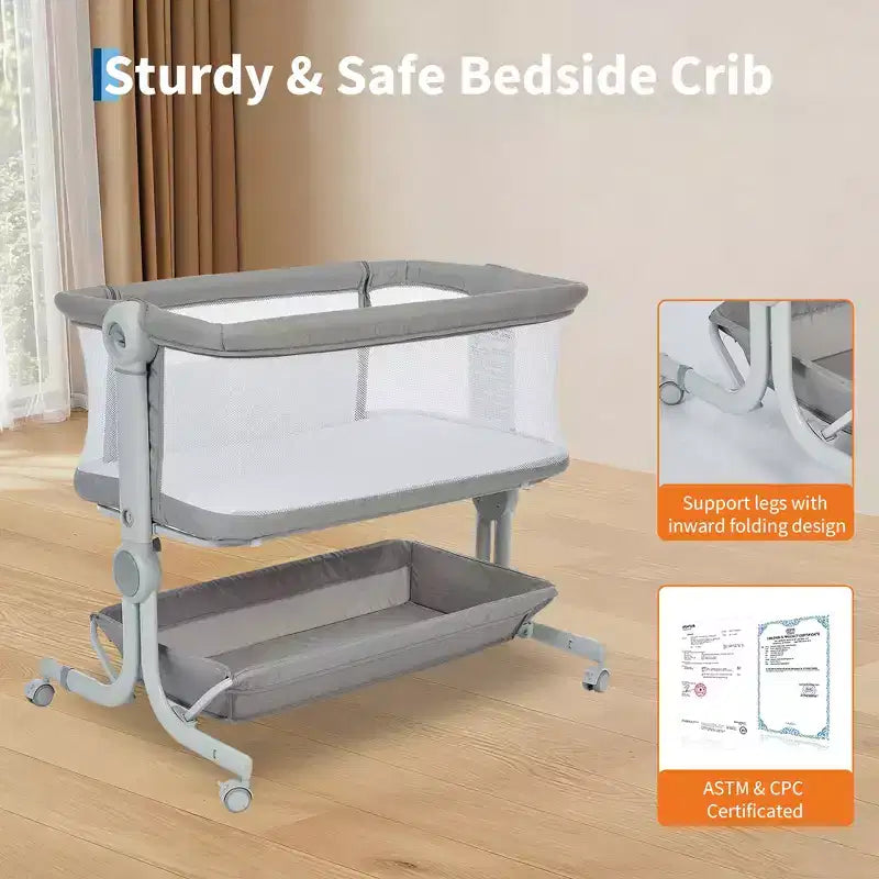 3-in-1 Baby Bassinet Bedside Sleeper w/ Anti-Reflux Incline, Portable Crib w/ 6 Adjustable Heights, Wheels, Mesh & Storage Basket for Newborn