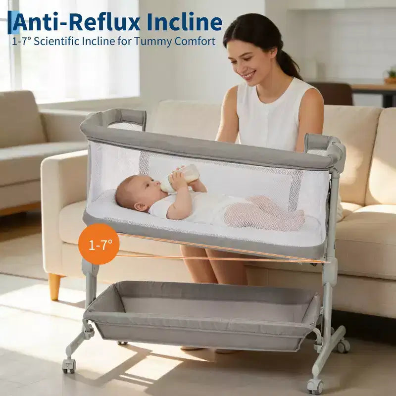 3-in-1 Baby Bassinet Bedside Sleeper w/ Anti-Reflux Incline, Portable Crib w/ 6 Adjustable Heights, Wheels, Mesh & Storage Basket for Newborn