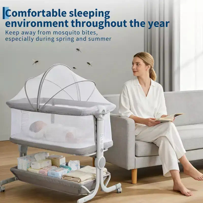 3-in-1 Baby Bassinet Bedside Sleeper w/ Anti-Reflux Incline, Portable Crib w/ 6 Adjustable Heights, Wheels, Mesh & Storage Basket for Newborn