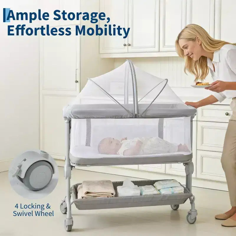 3-in-1 Baby Bassinet Bedside Sleeper w/ Anti-Reflux Incline, Portable Crib w/ 6 Adjustable Heights, Wheels, Mesh & Storage Basket for Newborn