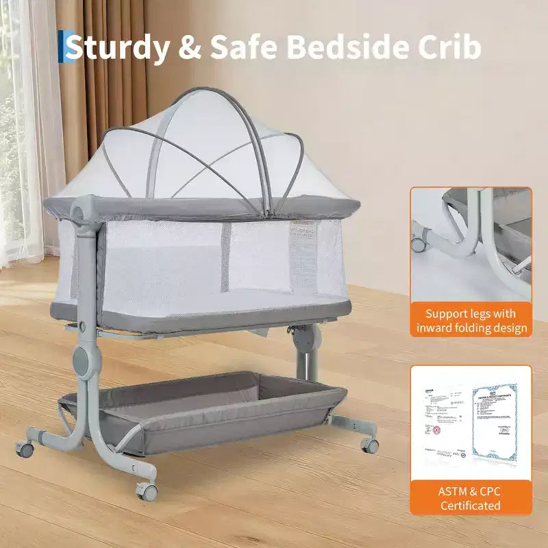 3-in-1 Baby Bassinet Bedside Sleeper w/ Anti-Reflux Incline, Portable Crib w/ 6 Adjustable Heights, Wheels, Mesh & Storage Basket for Newborn