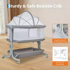 3-in-1 Baby Bassinet Bedside Sleeper w/ Anti-Reflux Incline, Portable Crib w/ 6 Adjustable Heights, Wheels, Mesh & Storage Basket for Newborn