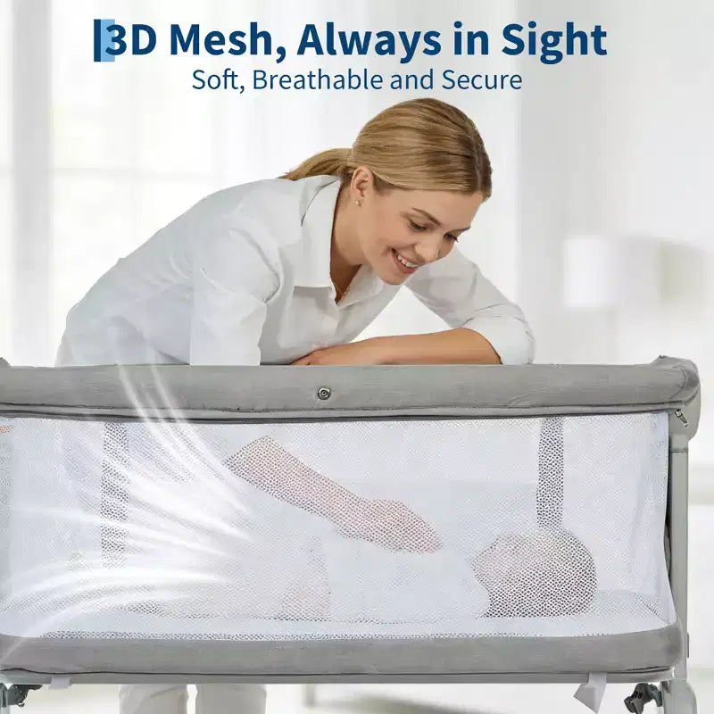 3-in-1 Baby Bassinet Bedside Sleeper w/ Anti-Reflux Incline, Portable Crib w/ 6 Adjustable Heights, Wheels, Mesh & Storage Basket for Newborn